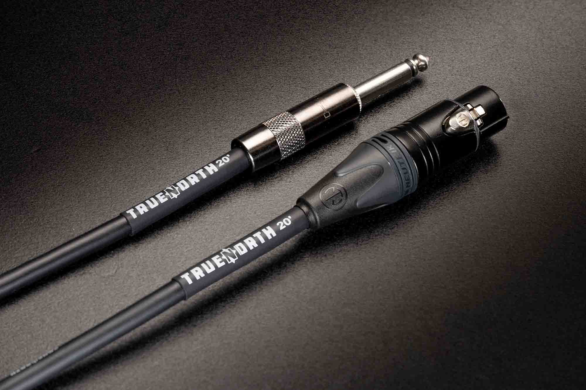 A True North cable's connectors — a straight instrument plug and an XLR connector